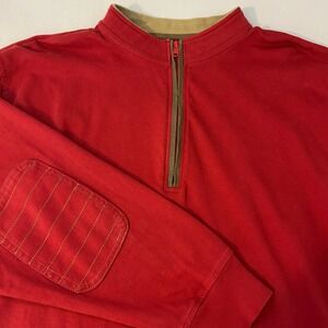 Orvis Men's Large Red 1/4 Zip Pullover Long‎ Sleeve Casual Shirt Elbow Patches